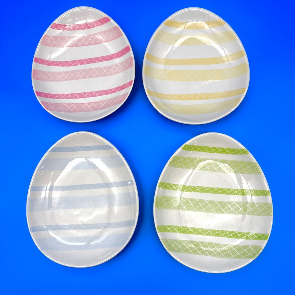 Pottery Barn Easter Egg Plates Set of 4 Pastel Striped Ceramic Appetizer Plates